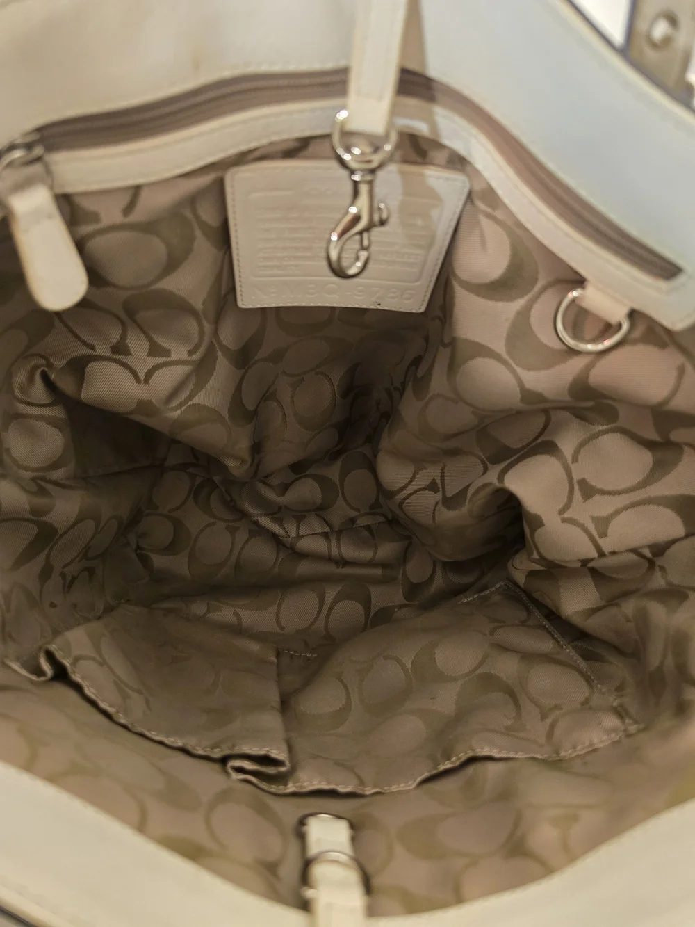 Coach Black Patent Leather Tote Bag with White Trim and Signature Lining